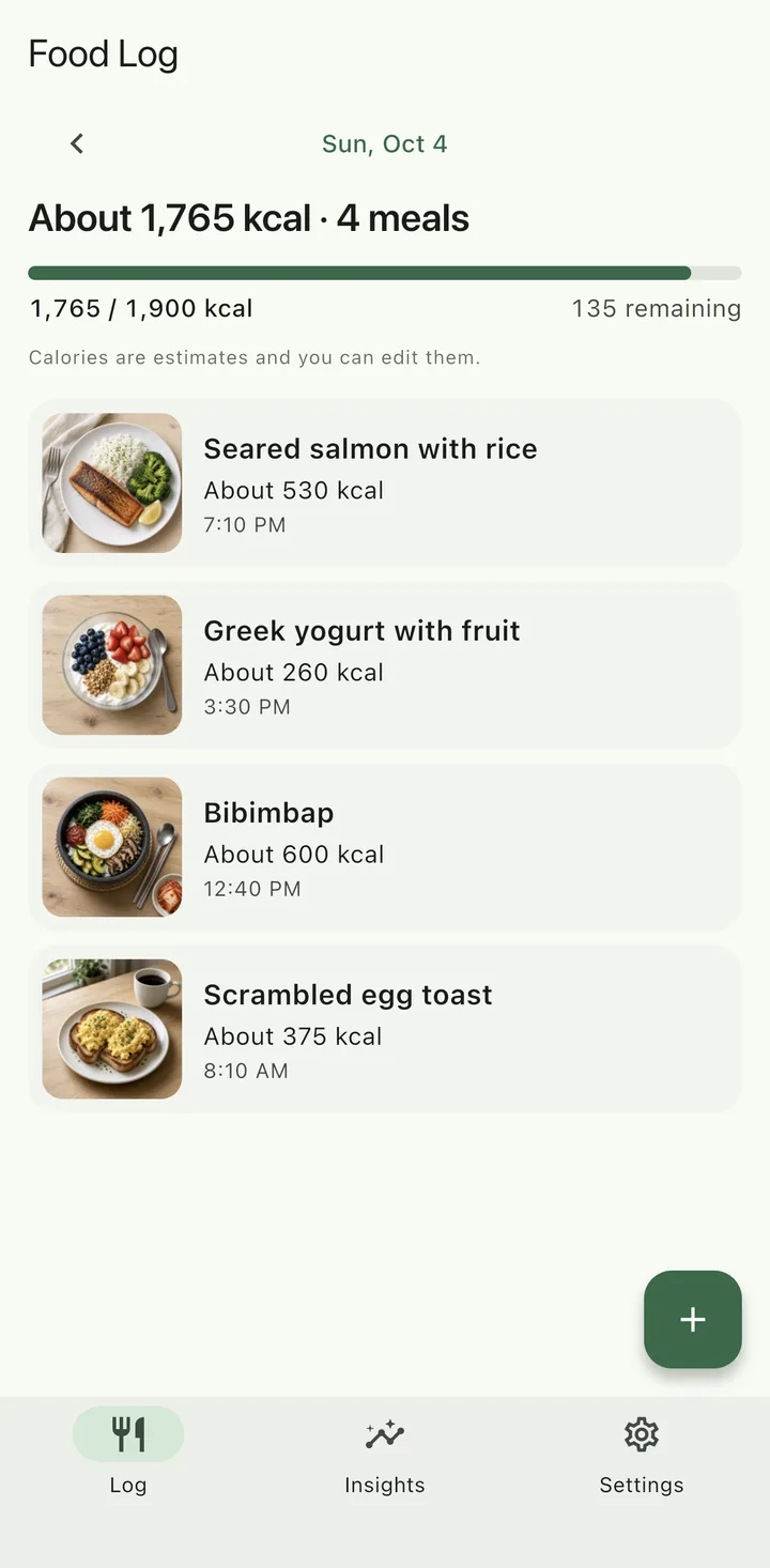 FoodLog daily meal summary with sample records